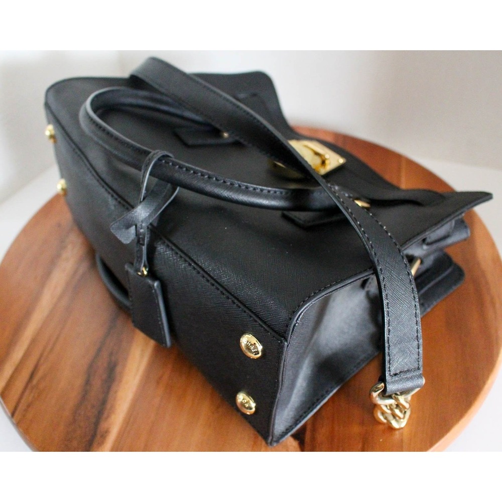 Michael Kors Hamilton East West Satchel Handbag Black Saffiano Leather Gold Tone - Picture 9 of 11